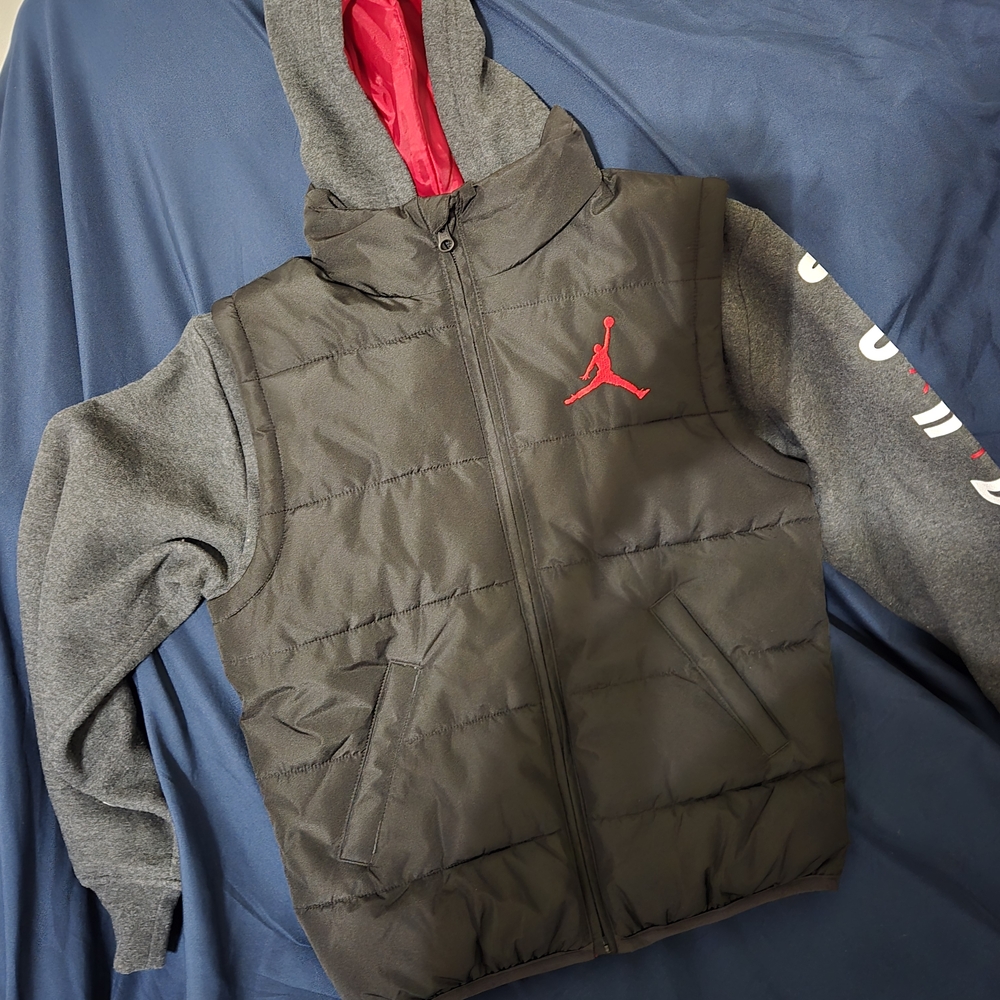 Jordan Kids Black and Gray Puffer Jacket with Red Logo